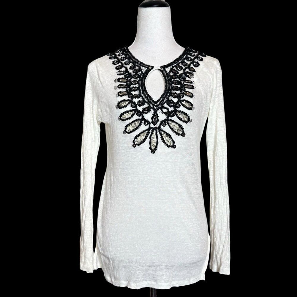 Vintage Y2K INC Linen Beaded Embroidered Top Sz M Whimsigoth Fairy Grunge Black